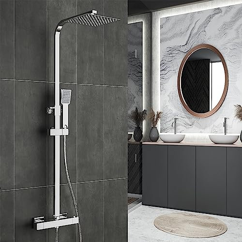 AICA Gruppo Doccia con Miscelatore Termostatico Antiscottatura, Doccia Completa di Soffione, Doccino e Rubinetto Quadrati, Asta Doccia Regolabile 80-120cm