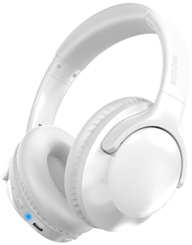MIDOLA Bluetooth-Kopfhörer, Over-Ear-Kopfhörer, 68H, Spielzeit, 6 EQ, kabelloses Headset mit Mikrofon, HiFi-Stereo, faltbar, leicht, tiefer Bass, für Reisen, Zuhause, Büro, Handy, Weiß