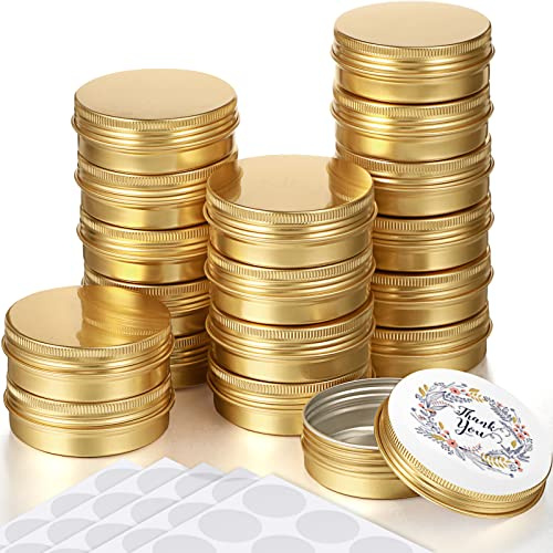 Patelai 2 oz 120 Pcs Metal Round Tins Salve Tins with Screw Lid Metal Jars Aluminum Cans Containers 20 Sheets Stickers for Candle Making Salve Spice Candies Balms(Gold)