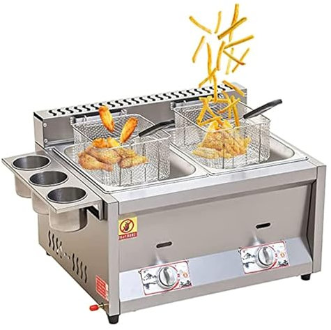 Deep Fat Fryer Twin Tank, 16L Tabletop Stainless Steel Fat Fryer With Removable Basket, Freestanding Temperature Control LPG Fryer With Lid, for Catering Takeaway Restaurant Café