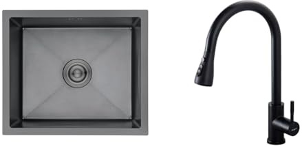 Ibergrif M85043B Fregadero de Cocina 50 x 43 cm, Bajo o Sobre Encimera & M22136B Grifo Extraible con 3 Modos, Mezclador con Rotación de 360 grados