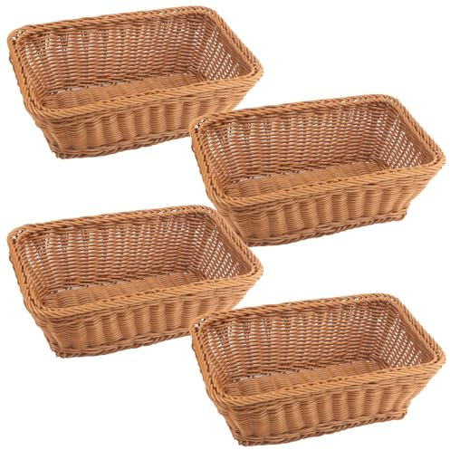 MUKCHAP 4 PCS Imitation Rattan Woven Basket, 30 x 20 x 10cm Rectangular Poly Wicker Bread Basket, Woven Serving Baskets for Fruit, Bread, Vegetables
