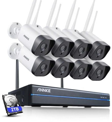 ANNKE 3MP WLAN Überwachungskamera Set Aussen 10CH 5MP NVR mit 8Pcs 3MP WiFi Kameras Videoüberwachungs Set mit 2TB Festplatte unterstützt Audioaufzeichnung, IP66 Wetterfest, Kompatibel mit Alexa