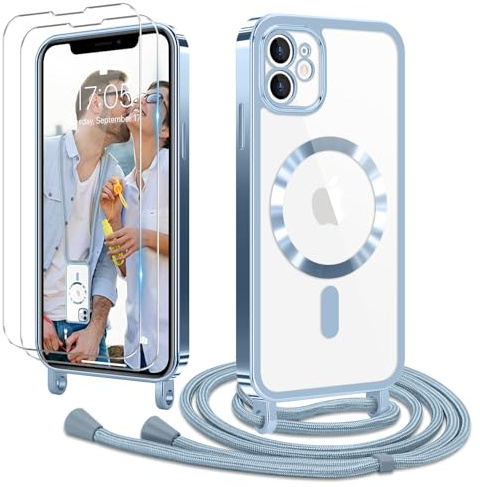 Ethanger für iPhone 11 Hülle mit Band + 2 Schutzfolie, Blau | Handyband Transparent Silikon Handyhülle, Magnetische Schutzhülle Case zum Umhängen Kordel