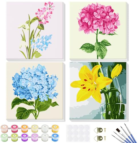 GHHKUD Måla efter siffra-kit för vuxna nybörjare, 4-pack canvasmålning efter siffra kit för barn, blommor akrylfärg med träram och kardborreband (20 x 20 cm)