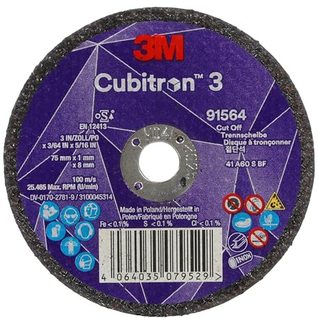 3M Cubitron 3 Cut-Off Wheel, 91564, 60+, T41, 75 mm x 1 mm x 8 mm, EN | 25/Pack