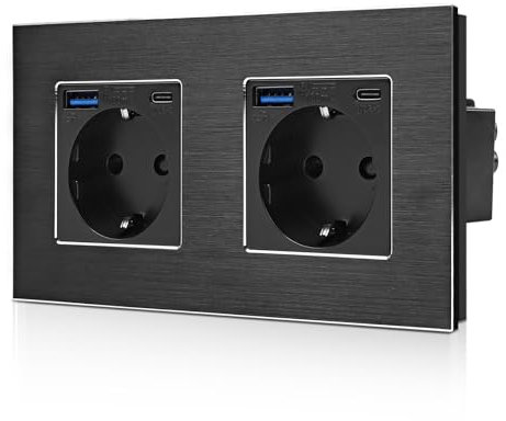 CNBINGO Prise murale double en aluminium avec ports USB (type C et type A) - Noir - 20 W - Charge rapide - Avec cadre en aluminium