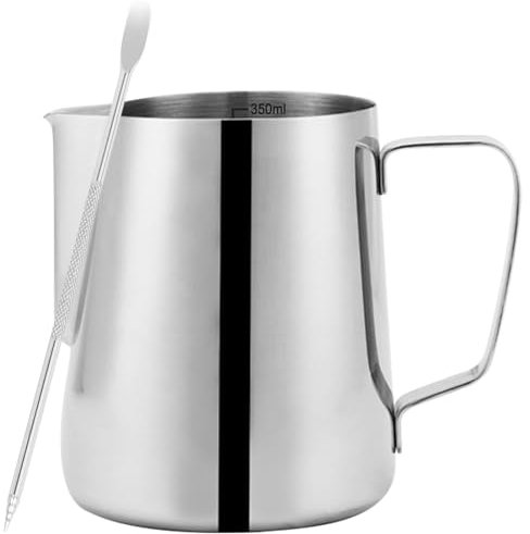 Brocca per latte in acciaio inox, 350 ml, in acciaio inox, con misurazione, con latte Art Pen, brocca per latte, perfetto per cappuccino espresso e latte