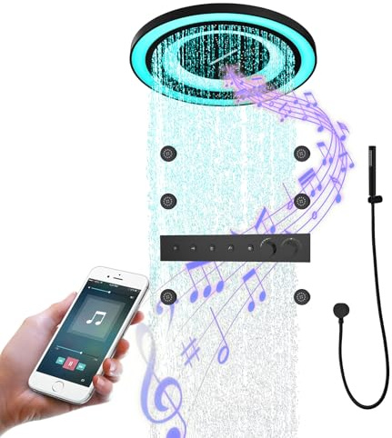 Système de Douche Encastrable Musique, Ensemble de douche thermostatique 4 fonctions, 64 Couleurs RGB LED Pommeau de douche rond en acier inoxydable de 600 mm, Douchette à Main (Noir)