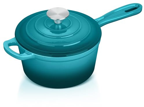 Leonyo Casseruola in ghisa smaltata con coperchio, casseruola da 1 litro con coperchio, pentola in ghisa smaltata, per tutti i piani cottura di pasta, zuppe, latte, fino a 260 °C e 2 kg, verde lago