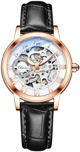 MASTOP Women's Sapphire Watches Automatic Steampunk Self Winding Mechanical Gold Bracelet Ladies Skeleton Wrist Watch Leather Strap for Ladies Famale, Black Gold