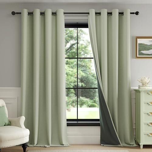 Fmfunctex Sage green Blackout Curtains for Living Room 90 Inch Drop Geometric Weave Textured Eyelet Curtains for Bedroom Thermal Insulated Window Curtain Drapes 2 Panels