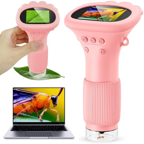 Microscope pour Enfants, Microscope Portable avec écran de 5,1 cm - Zoom 200x - Cadeau de Noël et d'anniversaire pour Filles et garçons de 3, 4, 5, 6, 7, 8, 9, 10, 11, 12 Ans (Rose)