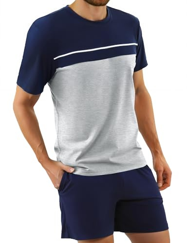 Bresdk Pijama Hombre Verano Algodón Corto con Bolsillos | Conjunto de pijamas fresco con camiseta ligera y pantalón corto, cómodo para noches cálidas, viaje y descanso diario