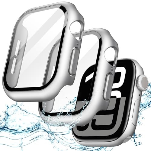 JETech Waterproof Case with Screen Protector for Apple Watch Series 11/10 46mm, Built-in Tempered Glass Film Hard PC Bumper Full Protective Cover, 2 Pack (Silver)