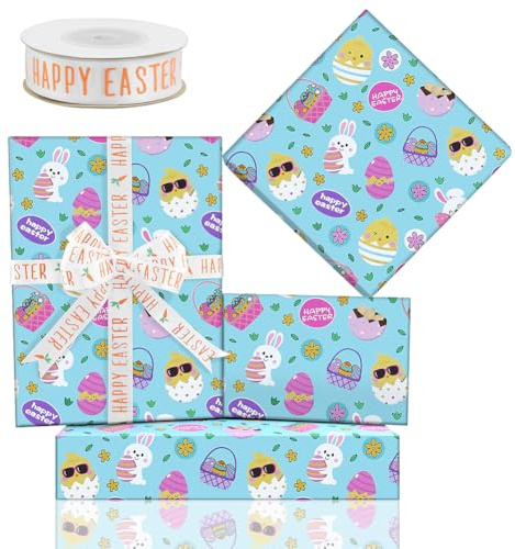 Ostergeschenkpapier, Geschenkpapier mit Osterei-, Hasen-, Küken- und Blumenmotiven, Frohe Ostern! Ideal für Kinder, Mädchen, Jungen und die ganze Familie zu Ostern oder Geburtstagen.