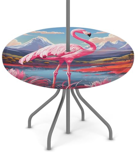 Woltant Nappe ronde avec trou de parasol et fermeture éclair facile à nettoyer avec bords élastiques pour jardin, terrasse, barbecue (rivière flamant rose)