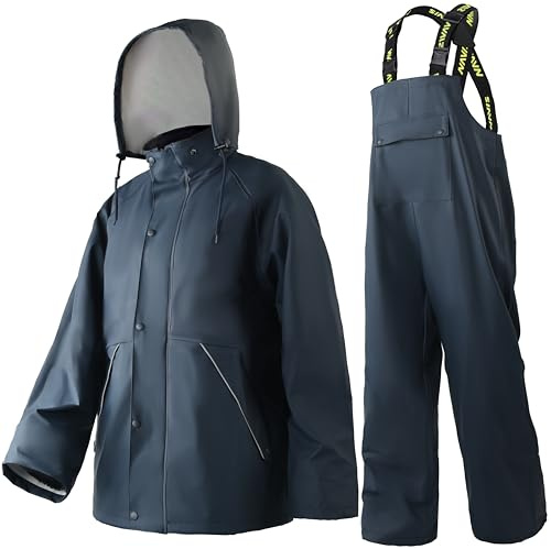 Traje lluvia hombre PU impermeable resistente con peto y capucha(Blue,M)