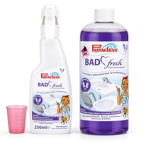 PASTACLEAN 1 Liter Badfresh Badreiniger Konzentrat mit echtem Lavendelöl, Extra starker Entkalker für Bad, Dusche, Waschbecken, WC, entfernt mühelos Wasserflecken, Kalkränder und Seifenrückstände