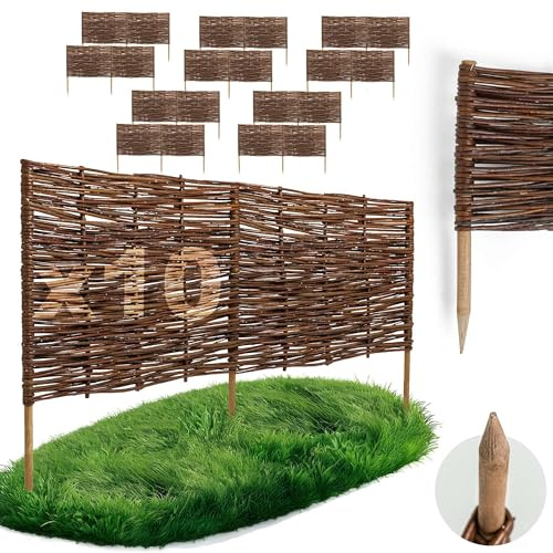 10 x BOGATECO Beeteinfassung aus Weide | 120 cm Lang & 40 cm Hoch | Holz-Zaun Rasenkante | Weiden-Zaun Steckzaun Perfekt für den Garten als Weg-Abgrenzung | Beetumrandungen | Dekorative Zäune