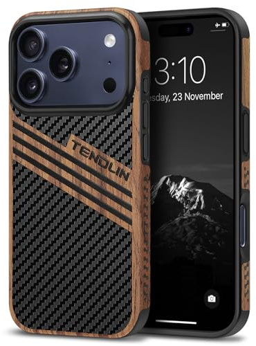 TENDLIN Kompatibel mit iPhone 17 Pro Max Hülle (DREI Streifen) | Holz und Carbon Textur Design Leder Hybrid Handyhülle