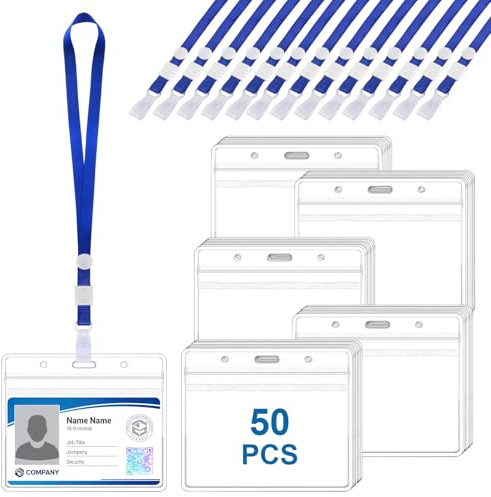 50 Stück A6 Ausweishalter, 11x16cm Wasserdicht Ausweishülle mit Band, mit Verstellbarer Schnalle, Transparenter PVC Kartenhülle Horizontal Ausweishalter, für Mitarbeiter Studenten Ausstellungen(Blau)