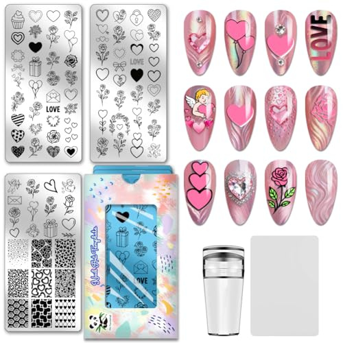 PH PandaHall 3 modelli di stampaggio per unghie a forma di cuore e cuore, rosa, modelli per nail art, stencil per San Valentino, stencil con angelo, in acciaio inox, per donne, stampe, manicure