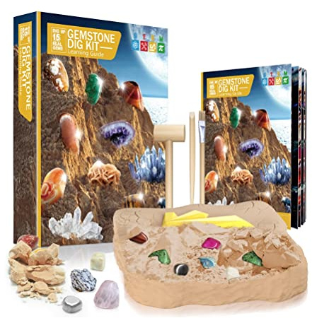 Kit di estrazione mineraria di 15 pietre preziose per bambini, rocce educative e fossili Set fai da te Set interattivo per lo scavo di pietre Kit scientifico per l'apprendimento