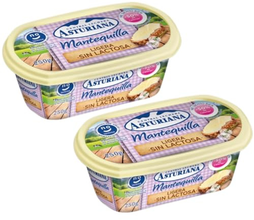 Pack 2 Mantequilla Central Lechera Asturiana 250g | Tradicional, Ligera y Sin Lactosa | En Barquetas | Envío Refrigerado | Sabor Natural y Textura Cremosa