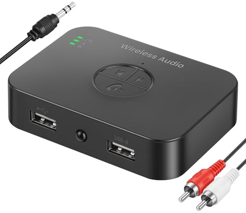 AOOSU Bluetooth Audio-Empfänger, Bluetooth 6.0 Audio Adapter Stereoanlage mit Aux 3.5 mm und RCA Klinke, Bluetooth-Adapter für Auto TV Stereoanlage HiFi Lautsprecher Kopfhörer, Kabelloser