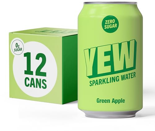 YEW Green Apple Zero Sugar Flavoured Sparkling Water, 12 x 330ml Cans | All Natural Fizzy Water, Zero Sweetener, Calorie Free, Vegan, Gluten Free, Keto & Diabetes Friendly, Healthy Drinks