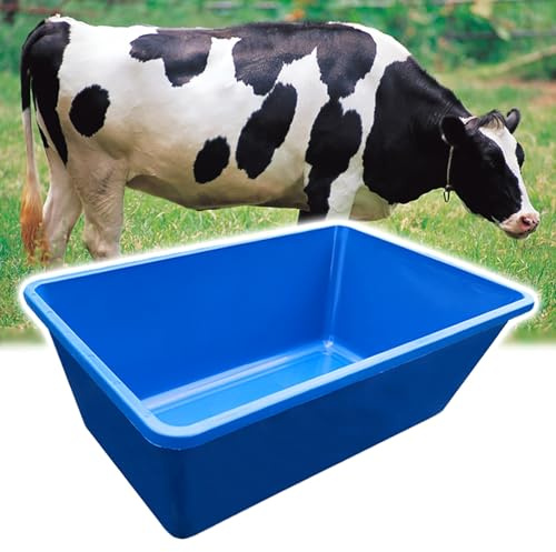 Plastfoderbehållare för boskap, stor kapacitet 35 kg/53 l, djupare hästfoderhink, vattenskål/hömatare och vattendispenser, gris, getter, hästar, gårdsdjur, fodertrå (blå)