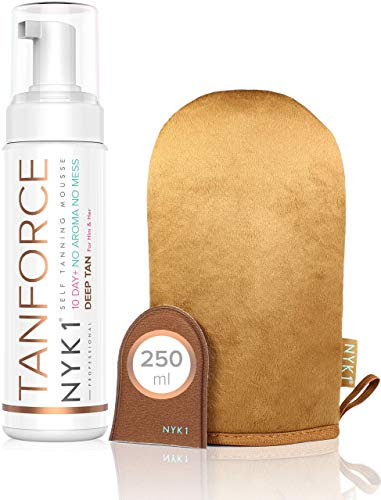 NYK1 TanForce Autoabbronzante viso e corpo con guanto NYK1 MegaMitt in mousse, Invisibile e inodore. Dona un’abbronzatura dorata e sexy, senza macchiare e senza ungere che si intensifica in poche ore