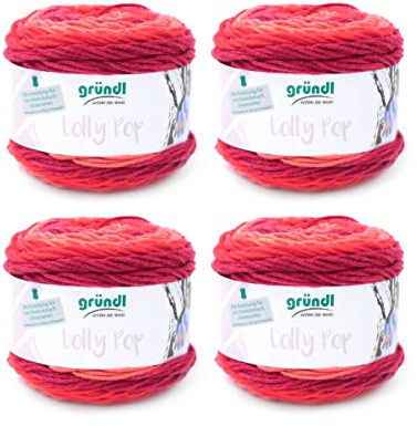 Gründl Wolle Lolly Pop 4 Knäuel 150 g, Wild Cherry Swirl | dicke Wolle zum Häkeln und Stricken mit Farbverlauf - 100 % Polyacryl - 150 g / 240 m - Nadelstärke 5 - 6