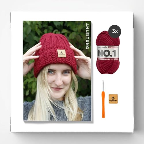 myboshi Häkelset Wintermütze Kanuma, inkl. No.1 Wolle, Nadel und Anleitung, Häkelpaket für Anfänger, 30% Merinowolle Rot mit Häkelnadel