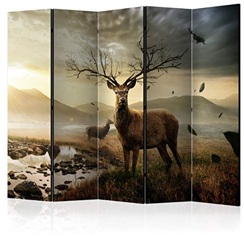 decomonkey Paravent Raumteiler Innen Hirsch 225x172 cm 5 Teilig Einseitig Room Divider Wall Raumteiler Stehend Trennwand Sichtschutz Spanische Wand Sichtschutzwand Wohnzimmer Holz Tiere Natur