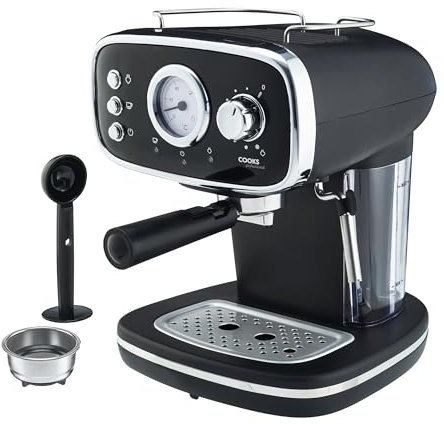 Cooks Professional 15-Bar Retro Espresso Coffee Machine with Frothing Steam Wand, Built-In Temperature Gauge, 1.2L Water Tank & Stainless Steel Drip Tray | Black