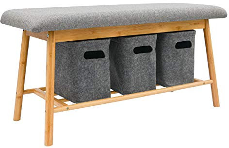 DuneDesign Nordic Sitzbank mit Filzkörben - Bambus Schuhbank gepolstert 90×34×44 cm mit 3 Aufbewahrungskörben - stabile Holzbank mit Sitzfläche für Flur - modernes Schuhregal im skandinavischen Design