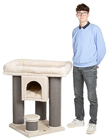 CanadianCat Company | Kratzbaum Calgary - beige - große Plattform mit Kuschlhaus, Kuschelhöhle, Dicke Sisalstämme