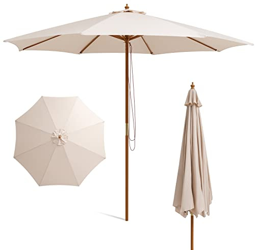 COSTWAY Parasol Droit Inclinable Ø2,7m, H203 à 206,5 cm Réglable, Parasol de Jardin Exterieur en Polyester, 8 Baleines en Bois, Cordon de Serrage, pour Jardin Cour Café, Beige