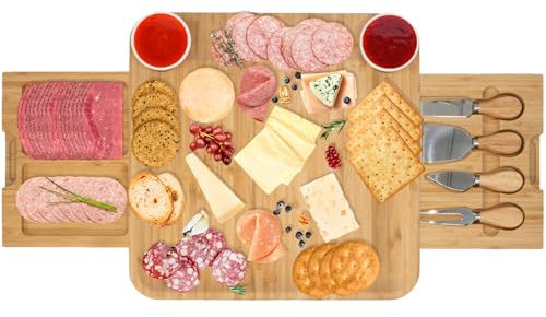 LaDonna Bamboo Cheese Board and Cheese Knife Set | Large Charcuterie Boards with Drawer Serving Tray, Kitchen Accessories | Cheese Board and Knife Set, Cheese Board Gift Set