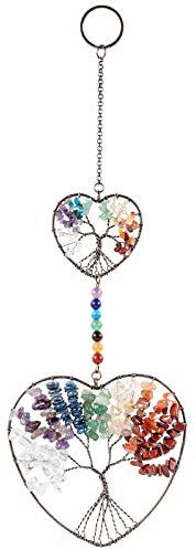 Nupuyai Herzform Lebensbaum Kristall Hänger Deko, 7 Chakra Stein Herz Traumfänger Fensterdeko Wandbehang Ornament für Wohnzimmer, Balkon, Garten, Auto