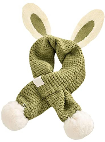 Kaninchenohren Kinderschal Baby gestrickter Kreuzschal weiße Pelzkugeln niedlich weich warm Halswärmer Schals für Mädchen Jungen, grün, One size
