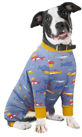 Hunde-Rehabilitationsanzug nach Operationen, weiche, langärmelige Hunde-Neuter-Shirt, konische Alternativen, verhindert Lecken, chirurgische Einteiler für große und mittelgroße (2XL, Hai)