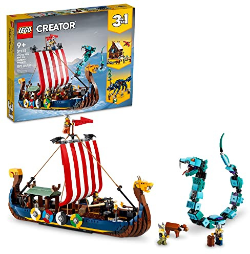 LEGO 31132 skapare 3-i-1 vikingabåten och Midgardsormen: Hemförvandlingsbart set med drake eller varg, fantasistimulerande multifunktionsleksak, presentidé för barn