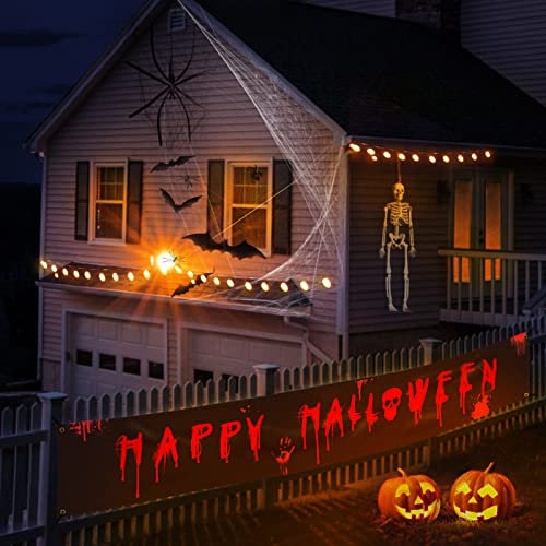LAPONO Striscione HAPPY HALLOWEEN Grande 300x50 cm Decorazione Nera Panno Banner Halloween con Sanguinante Mano Horror Insanguinata Teschio Festa Forniture per Parete Portico Giardino Appartamento