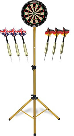 Stagecaptain DBS-1715 GD Bullseye Pro Dartscheibe Komplett Set Gold - Profi Steeldartscheibe aus Sisal - Stufenlos höhenverstellbarer Ständer aus Stahl - 6 Dartpfeile und 4 Sets Flights