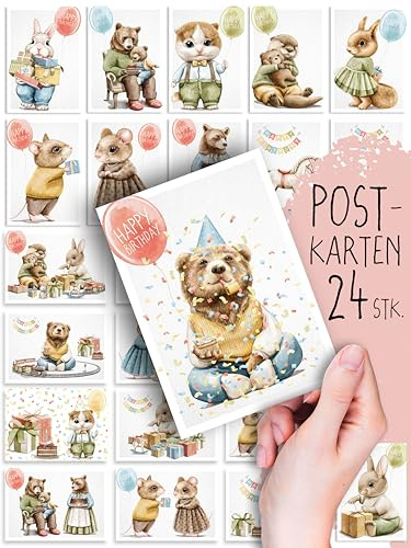 Geburtstagskarten 24 Stück hochwertige Postkarten, Tierisch schön, Glückwunschkarten zum Geburtstag, Happy Birthday Karten, Grußkarte und Gutschein, süß niedlich, Illustration Katze Hase Bär Maus