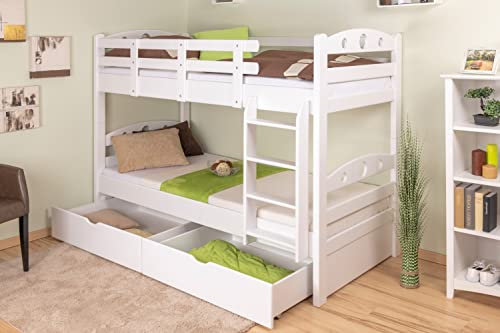 Etagenbett für Erwachsene Easy Premium Line K19 inkl. 2 Schubladen und 2 Abdeckblenden, Kopf- und Fußteil mit Löchern, Buche Vollholz massiv Weiß - 90 x 200 cm (B x L), teilbar