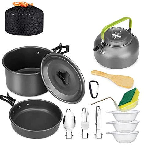 AUHOU Juego de utensilios de cocina para camping, juego de utensilios de cocina para exteriores, portátil, camping, utensilios de aluminio, vajilla de picnic para viajes de mochila, senderismo